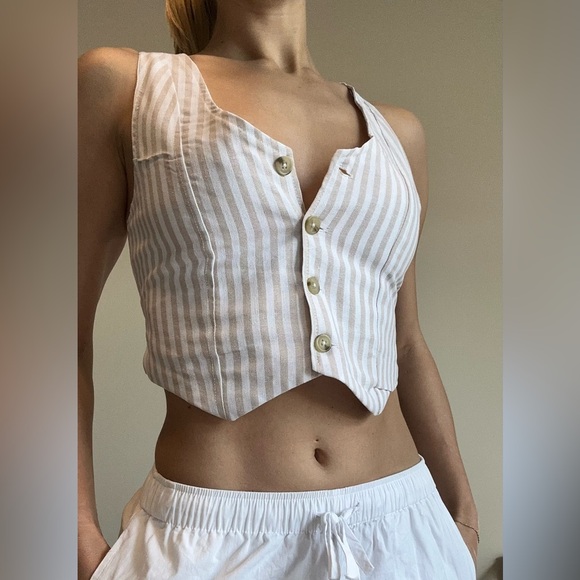 Bluenotes Tops - Linen Striped Button-Up Crop Top